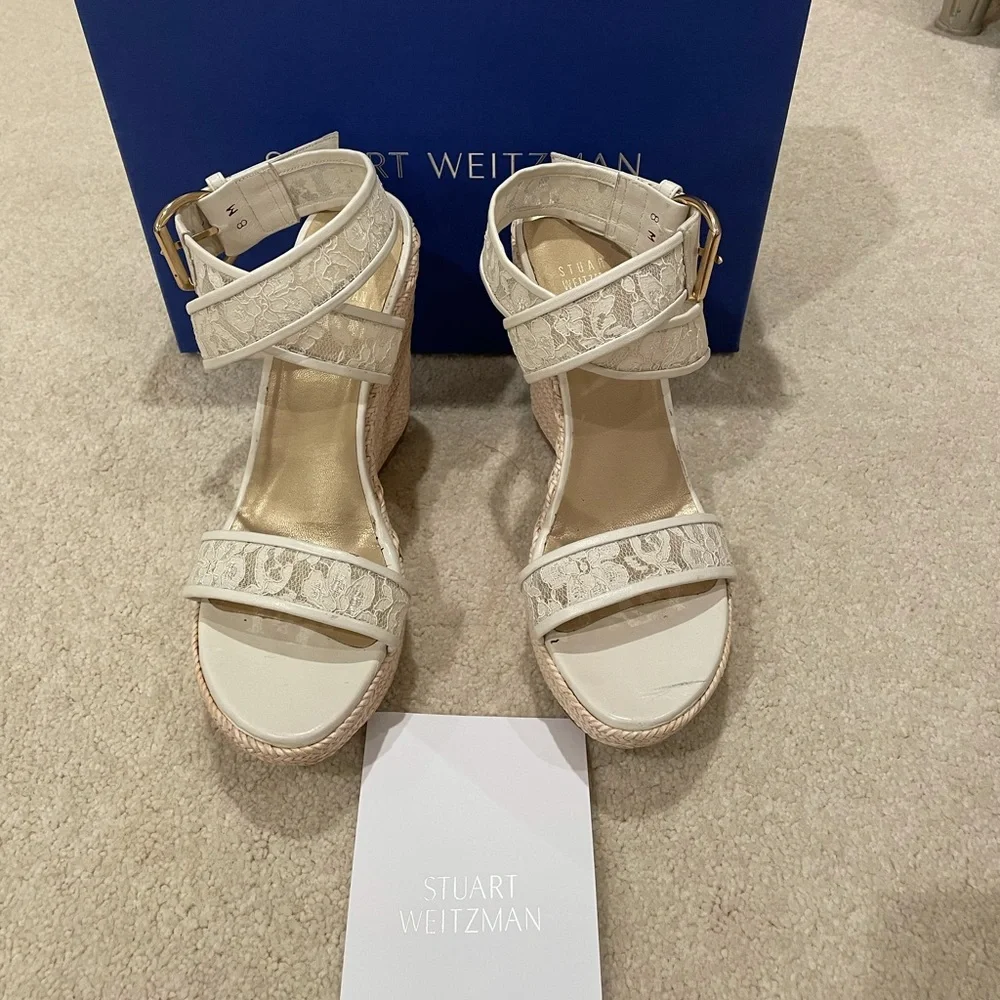 Stuart Weitzman Guipure Lace Espadrille Sandal Ivory Wedges Z4037* size 8